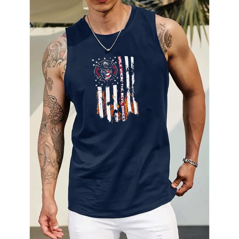 

Plus Size Men's Skull & Us Flag Graphic Print Tank Top, Summer Trendy Sleeveless Tees Oversized Tops For Big & Tall Guys, Men Clothing