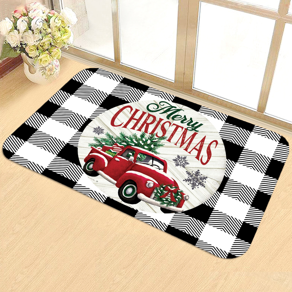 Christmas Red Truck Kitchen Mat, Home Decor Buffalo Plaid Christmas Kitchen  Rugs