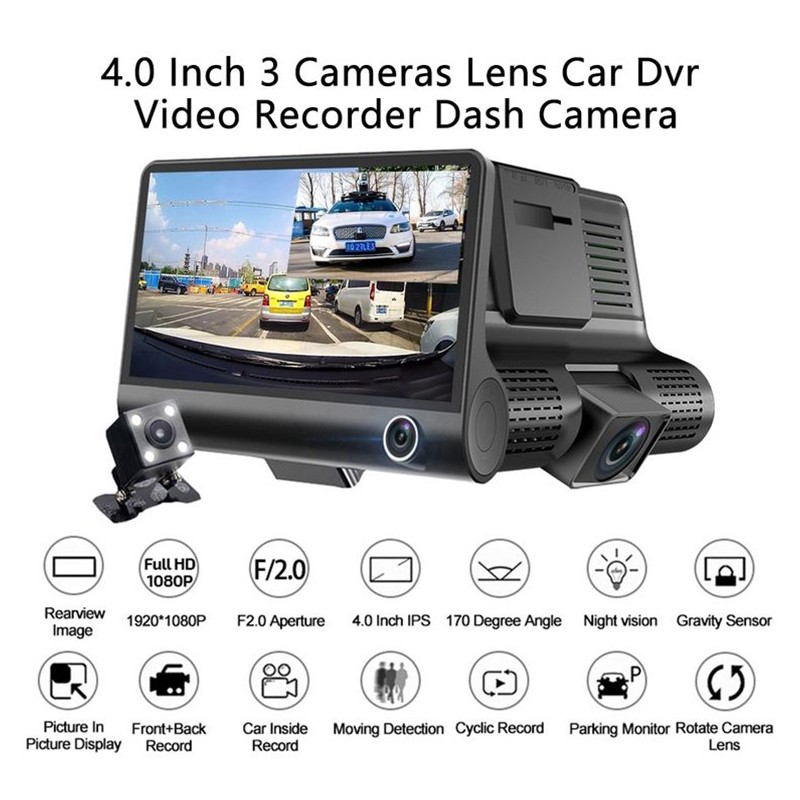 dashcam car dvrs car camera fhd 1080p auto recorder dash cam front and rear 3 camera lens registrator with rear view camera details 0