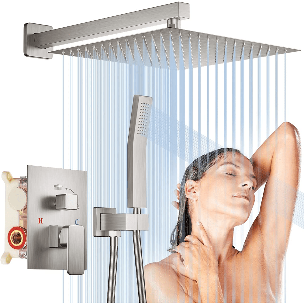 Sistema de ducha termostático de 4 funciones, controlador giratorio montado  en la pared, cabezal de ducha de lluvia de 12.6 x 8.7 in, ducha de mano