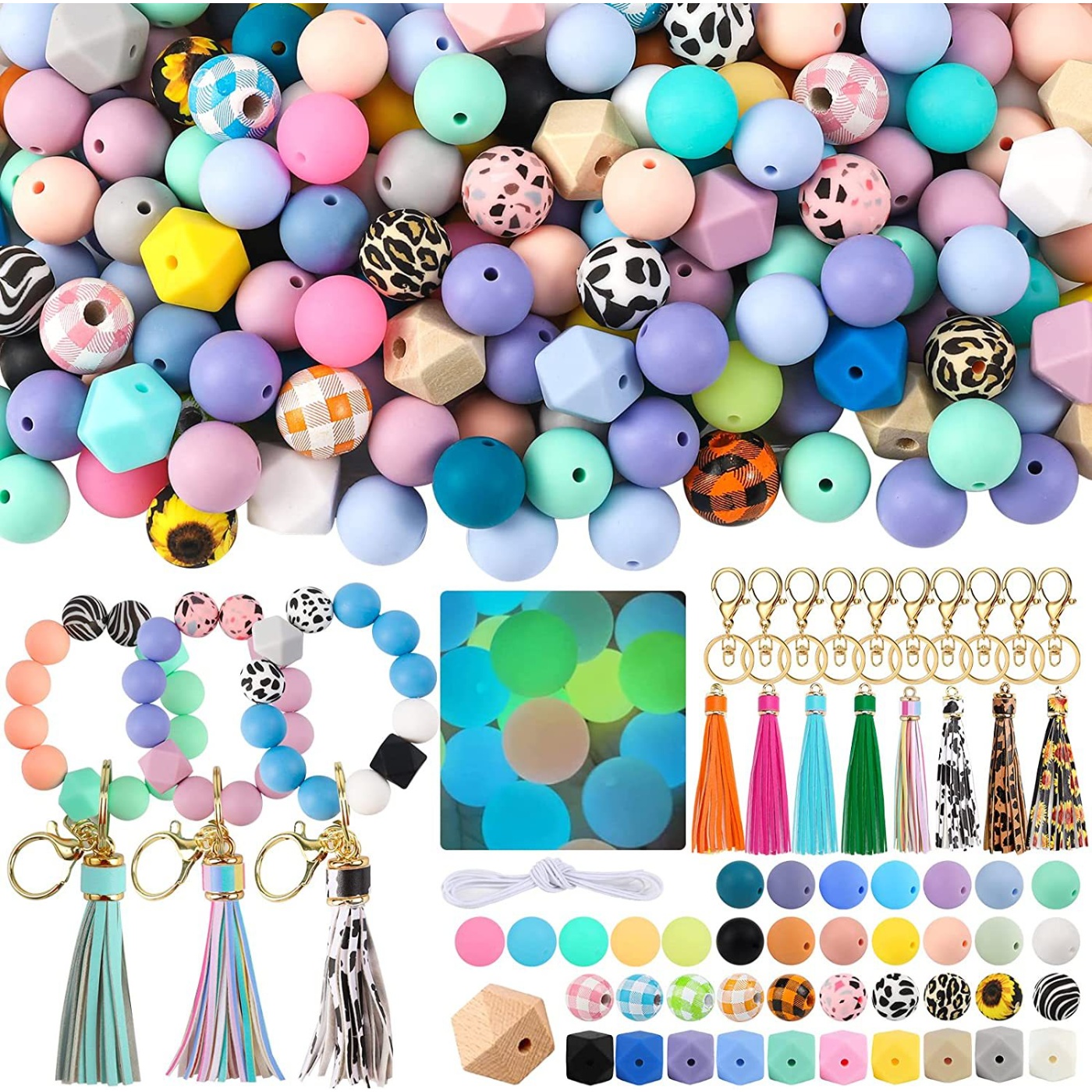 221PCS Silicone Beads for Keychain Making, Silicone Focal Bead Bulk with  15mm