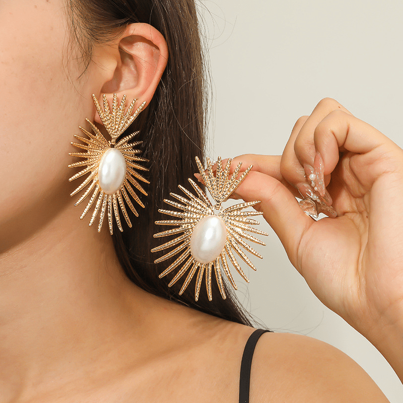 

Exaggerated Dangle Earrings Fan Shaped With Oval Plastic Pearl 18k Plated Luxury Elegant Style Unique Earrings