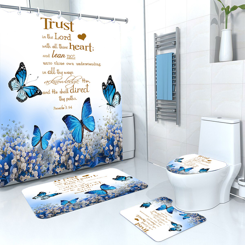  4 Piece Shower Curtain Sets for Bathroom, Chinese Style Pattern  Navy Blue Background Bathroom Sets with Waterproof Shower Curtain Non Slip  Rugs Bath Mat and Toilet Lid Cover : Home 