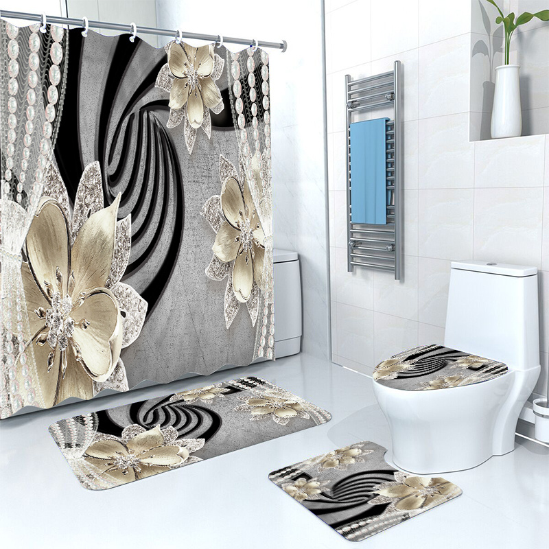 Waterproof Bathroom Shower Curtain Set with 12 Hooks Toilet Seat Bath Mats  and Rugs Non-slip Carpet Toilet Covers Polyester Fabric Washable Curtain  for Windows
