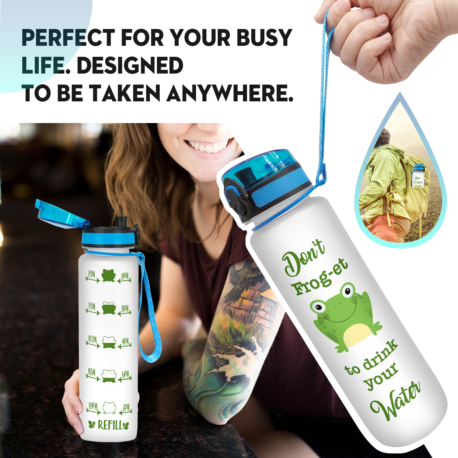 Frog Water Bottle, Motivational Tracker Bottle 
