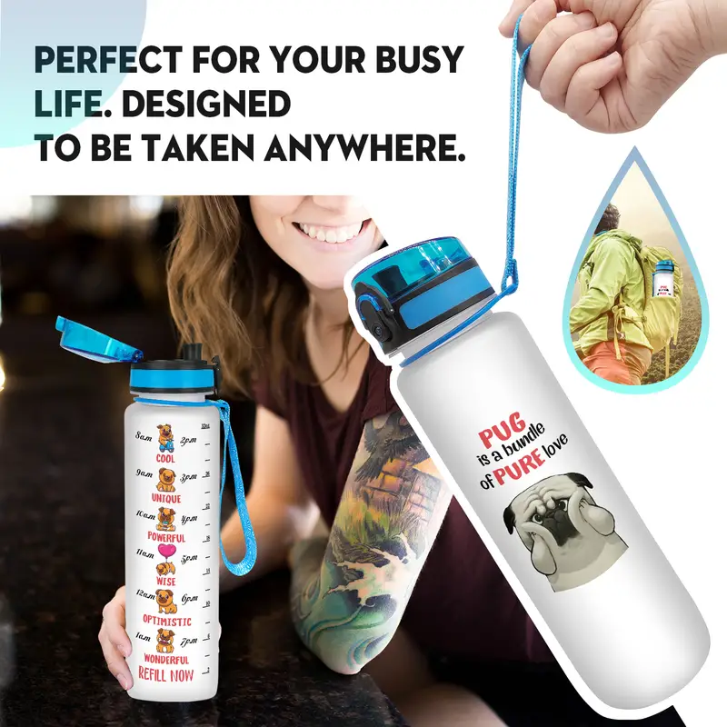 Pug Is A Bundle Of Pure Love Best Dog Mom Ever Funny Water Bottle With  Times To Drink Motivational Drinking Water Bottles With Carrying Strap -  Temu United Arab Emirates