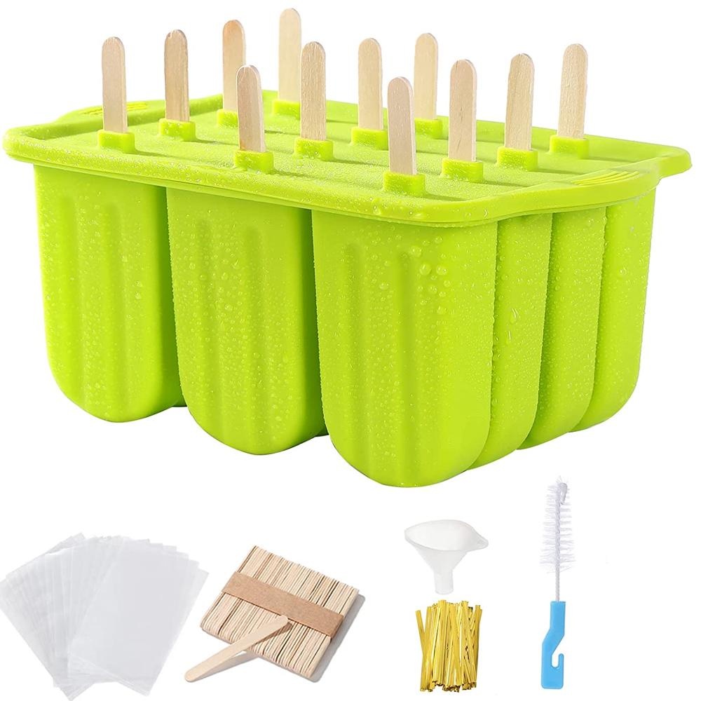 Popsicles Molds, Silicone Popsicle Mould BPA Free Ice Pop Molds Reusable 10  Cavities Popsicle Maker with Popsicle Sticks, Funnel and Cleaning Brush