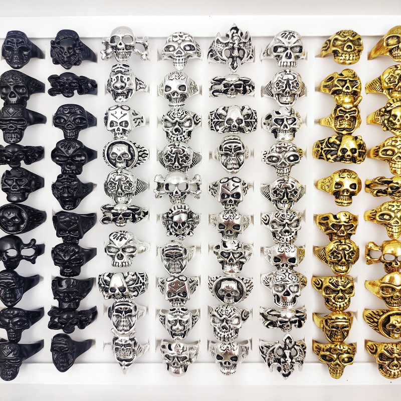   30 50pcs lot vintage punk skull skeleton rings for men women mix style plated silvery   gothic jewelry party gift wholesale