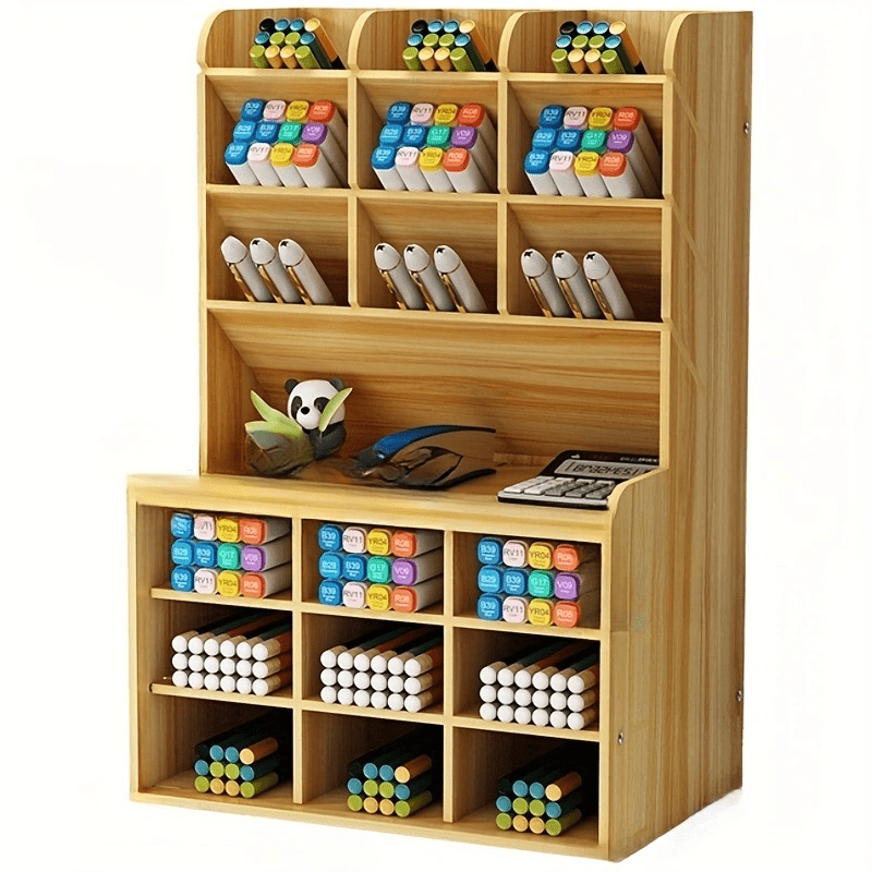 Marbrasse Wooden Pen Organizer, Multi-Functional DIY Pen Holder Box,  Desktop Stationary, Easy Assembly, Home Office Art Supplies Organizer  Storage with Drawer (B16-Cherry Color)