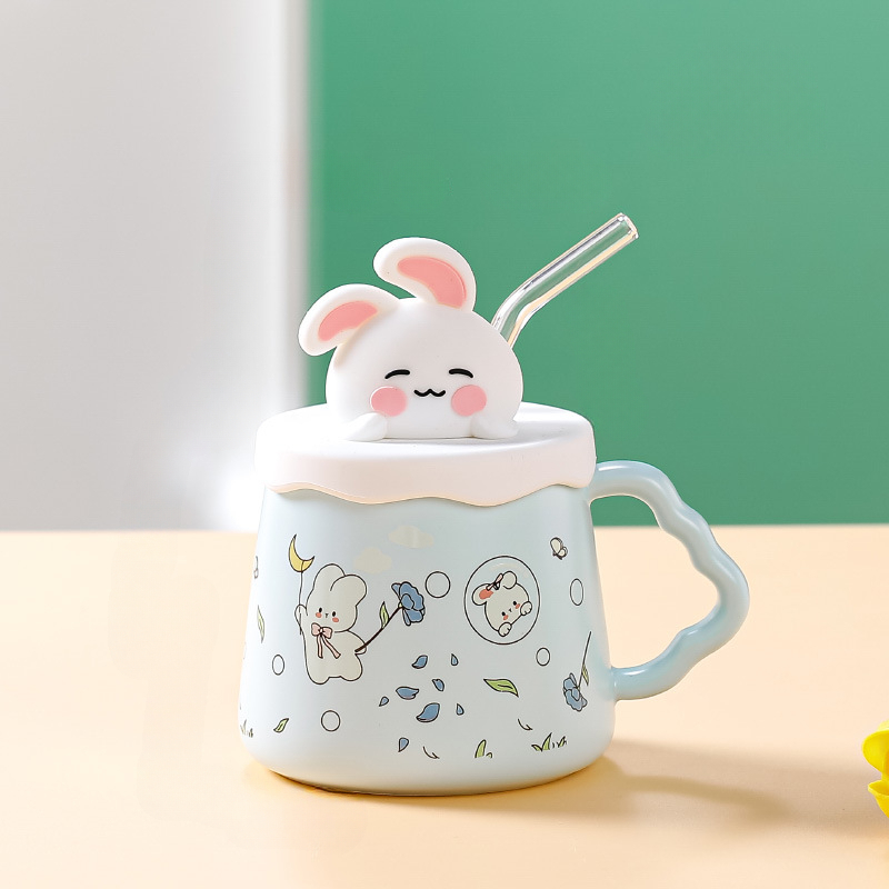 400ml Glass Mug with Spoon Creative Cute Cartoon Rabbit Ears Lid Coffee  Milk Tea Mugs Breakfast Cup Drinkware Cup Couples Gifts