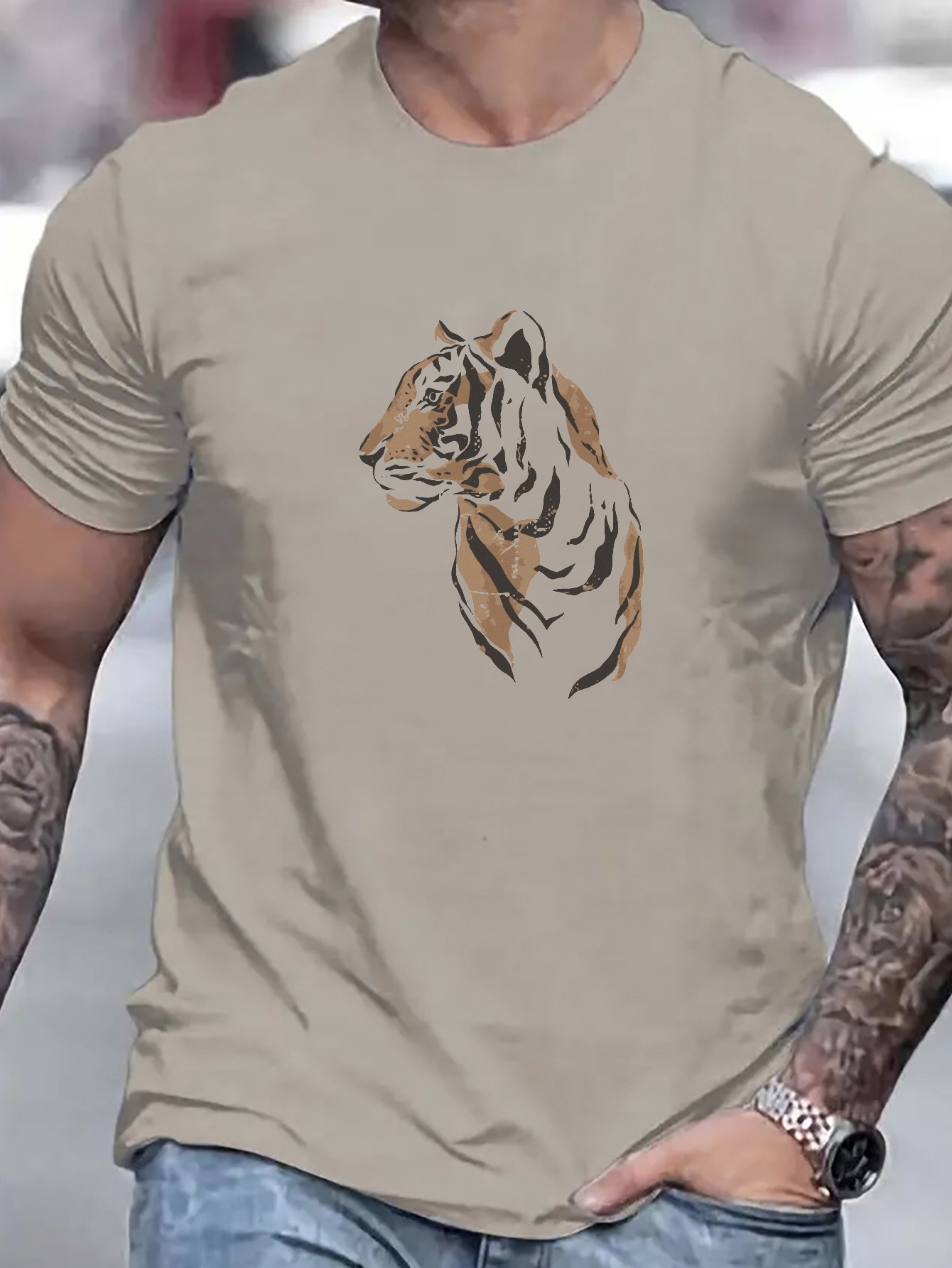 Men's Trendy Golden Tiger Print Long Sleeve T-Shirt Sports Tees Oversized Tops for Spring & Autumn for Big & Tall Males, Plus Size,Temu