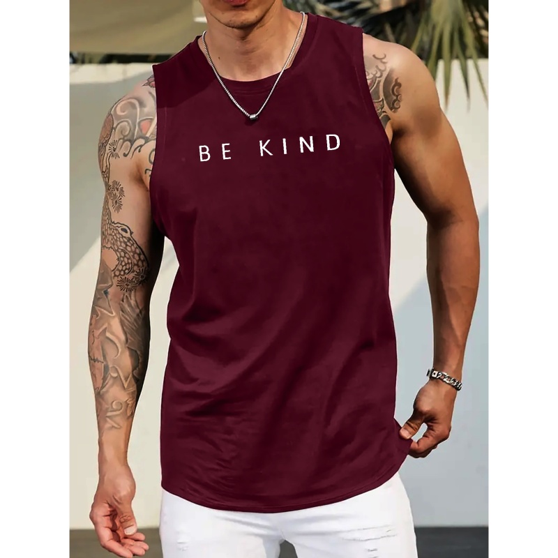 

Plus Size Men's Be Kind"" Graphic Print Tank Top For Sports/fitness, Summer Trendy Sleeveless Tees Oversized Tops For Males, Men Clothing