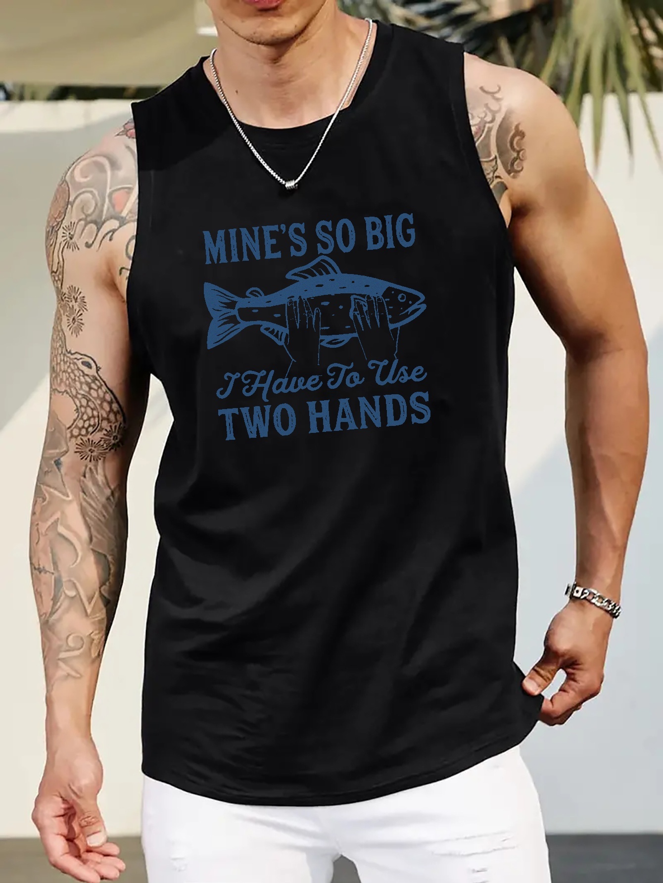 Plus Size Men's Fish In Hands Graphic Print Tank Top - Temu