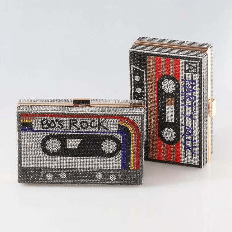 

Vintage Tape Shaped Clutch Evening Bag, Colorful Rhinestone Decor Banquet Bag, Classic Dinner Bag For Carnaval And For Music Festival