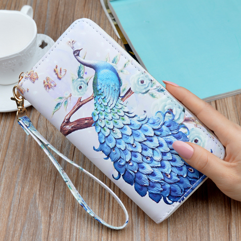 Peacock Print Long Wallet Women Zipper Around Clutch Purse Temu