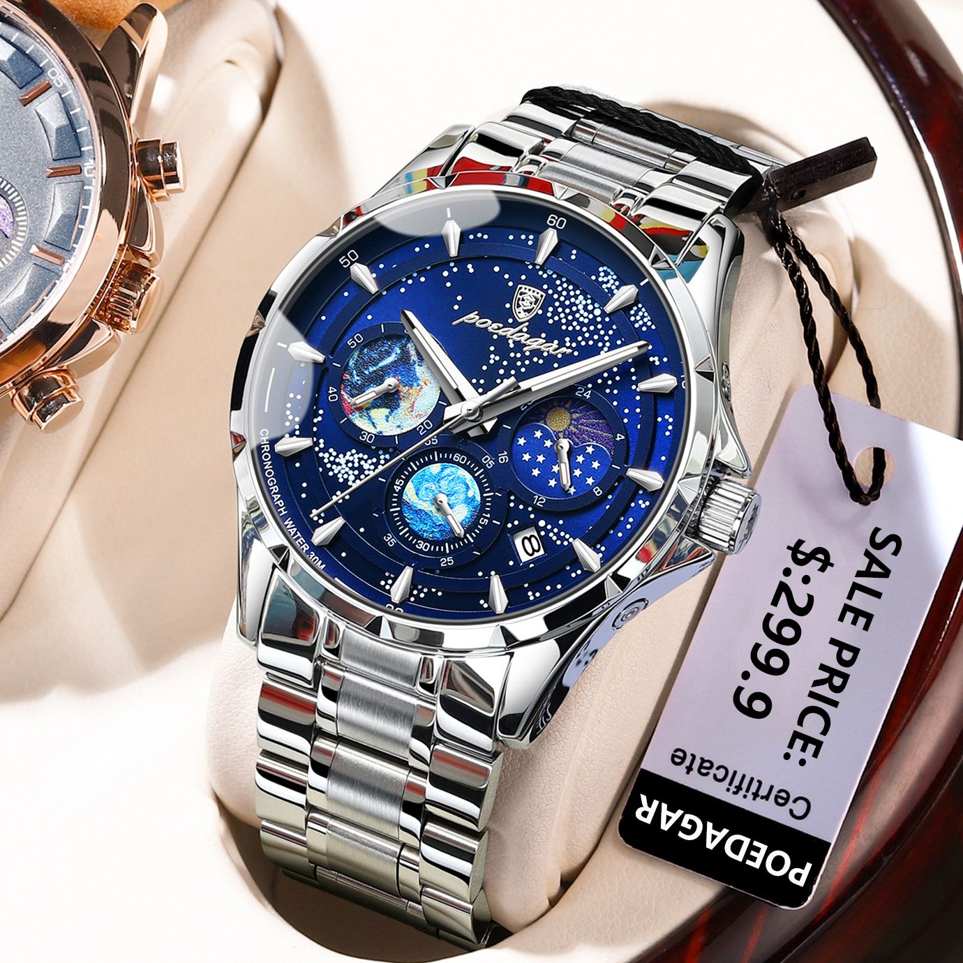 Olevs Mens Watches Chronograph Luxury Dress Moon Phase Quartz Stainless Steel Waterproof Luminous Business Calendar Wrist Watch Black Dial, Men's
