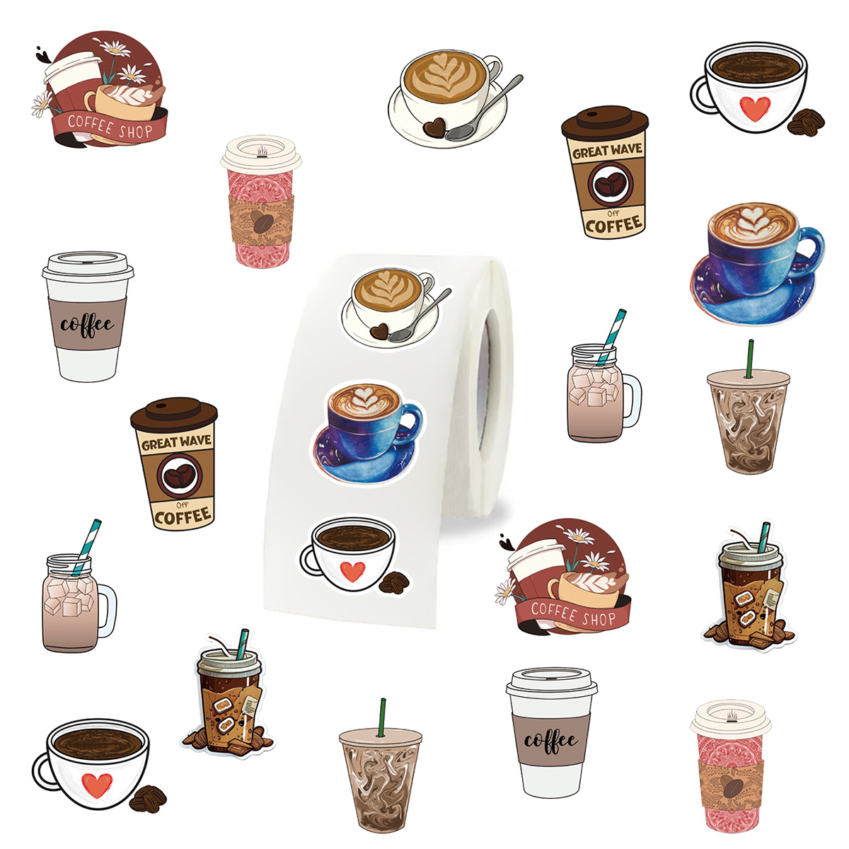 

500pcs Coffee Stickers Roll Drink Coffee Stickers For Laptop, Bumper, Water Bottles, Computer, Phone, Hard Hat, Car Stickers And Decals For Teens Adults (1 Inch Labels/ 10 Patterns )
