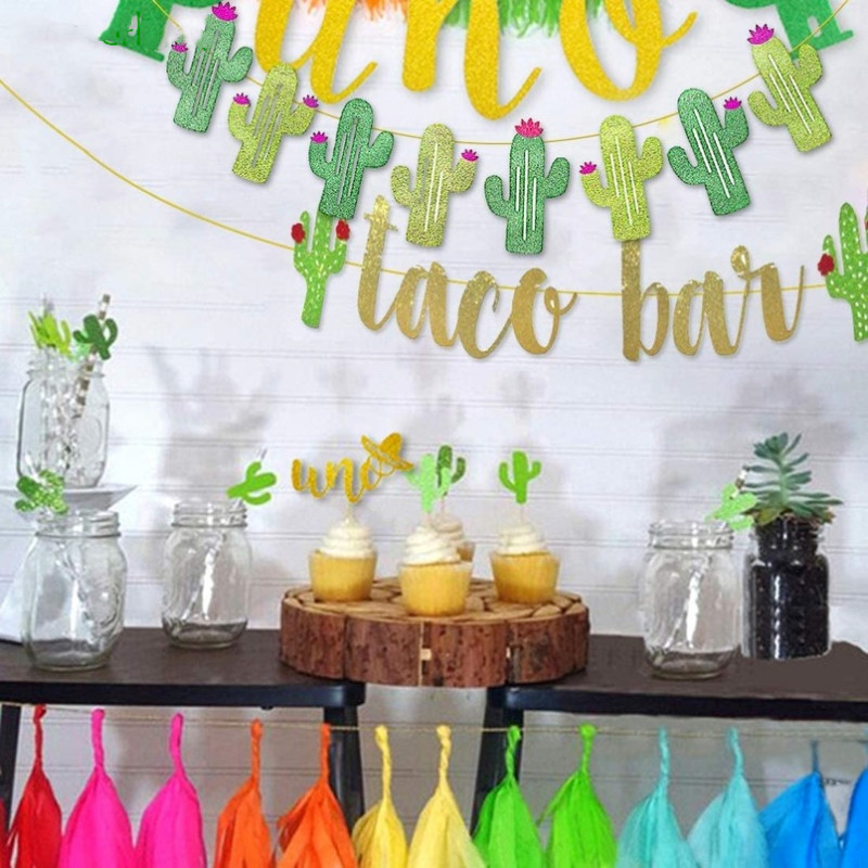 Fiesta Taco Bar Cactus Banner Garland Golden Green Glittery - Temu