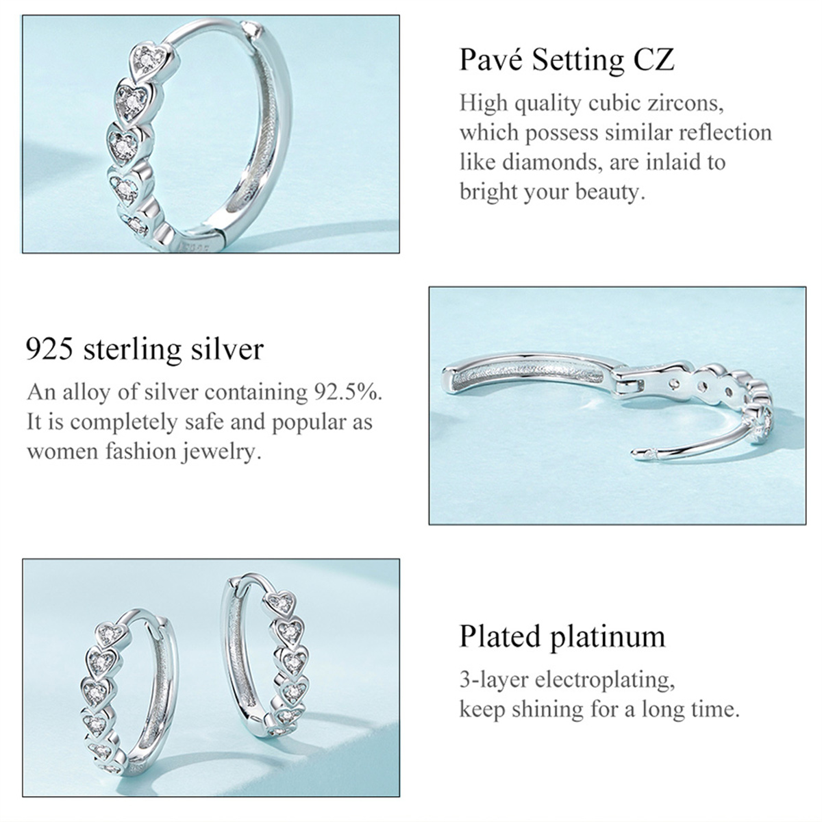 PANPOKI 925 Silver Colorful Heart Zircon Stud Earrings