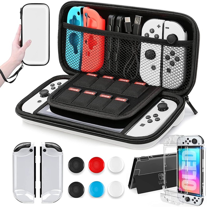 for nintendo switch oled model carrying case 9 in 1 accessories kit for 2021 ns switch oled model with dockable protective case hd screen protector and 6 pcs thumb grip caps details 1