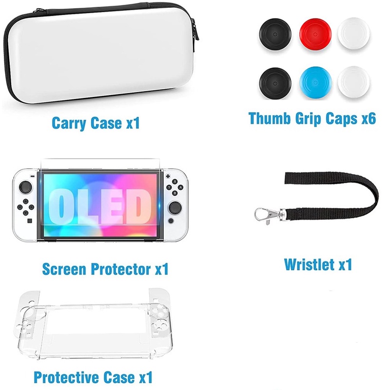 for nintendo switch oled model carrying case 9 in 1 accessories kit for 2021 ns switch oled model with dockable protective case hd screen protector and 6 pcs thumb grip caps details 6
