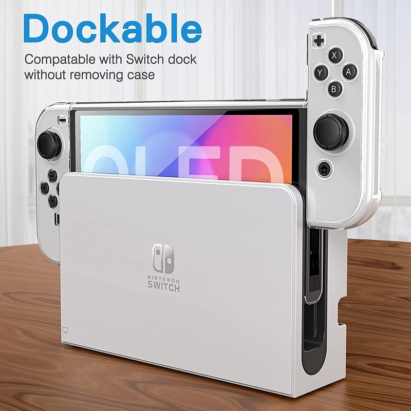 for nintendo switch oled model carrying case 9 in 1 accessories kit for 2021 ns switch oled model with dockable protective case hd screen protector and 6 pcs thumb grip caps details 3