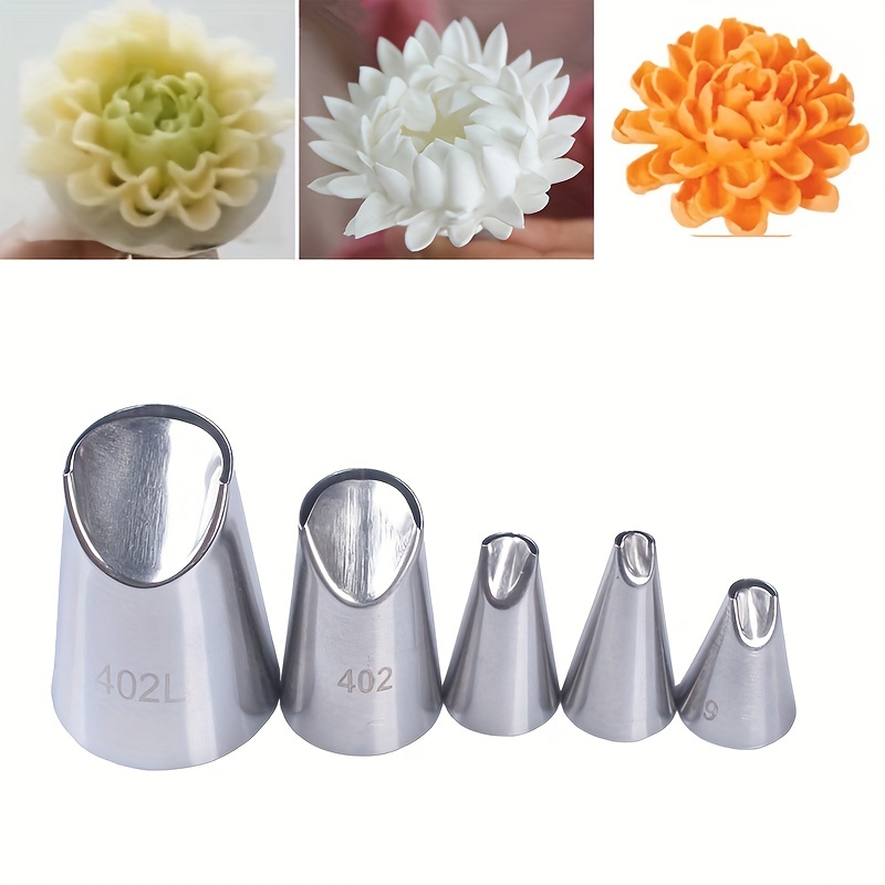 

5pcs Stainless Steel Piping Tips Set, Chrysanthemum & Petal Shapes, Cream Icing Nozzles For Cake, Cookies, Baking Tools, Kitchen Thick 304 Seamless, Cake Piping Set