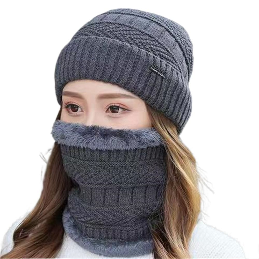 Wool Hat Scarf Set Gray Scarf Knit Loop Scarf for Women Hat 