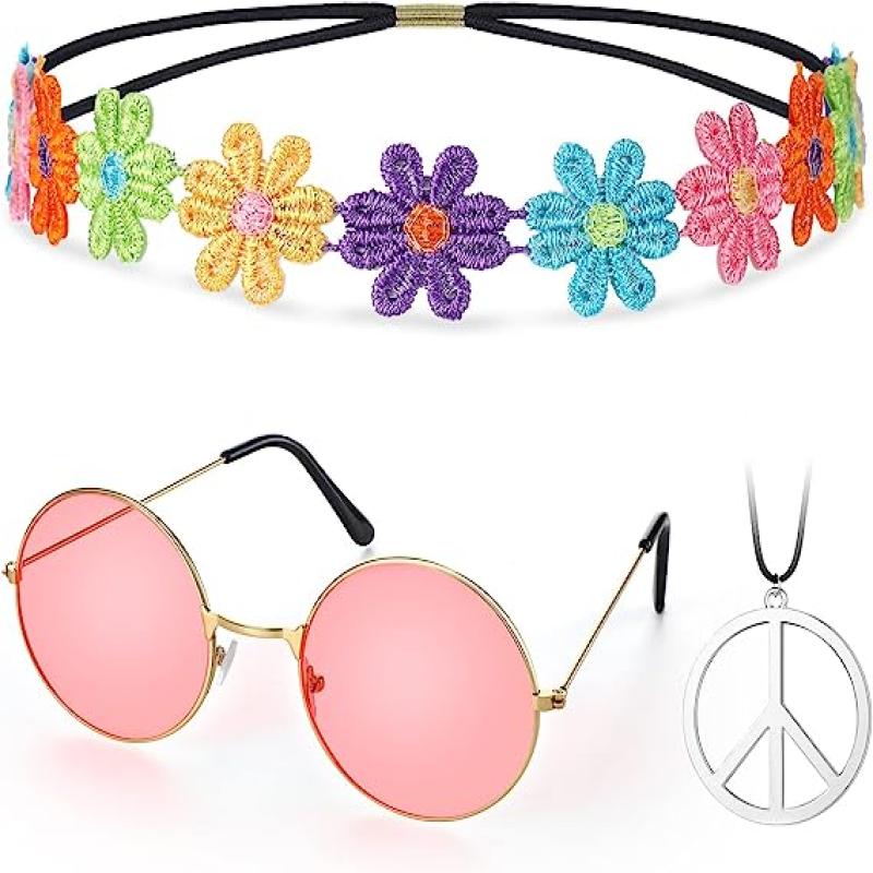  JeVenis Daisy Hippie Costume Accessories Sunglasses Peace Sign  Necklace Boho Retro Daisy Headband 60s 70s Hippie Accessories Club Music  Festival : Clothing, Shoes & Jewelry