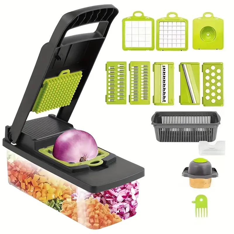 12/16pcs/set, Multifunctional Vegetable Chopper With Interchangeable Blades And Container - Effortlessly *, Dice, And Grate Fruits And Vegetables For Quick Meal Prep - Perfect Kitchen Gadget For Busy Households