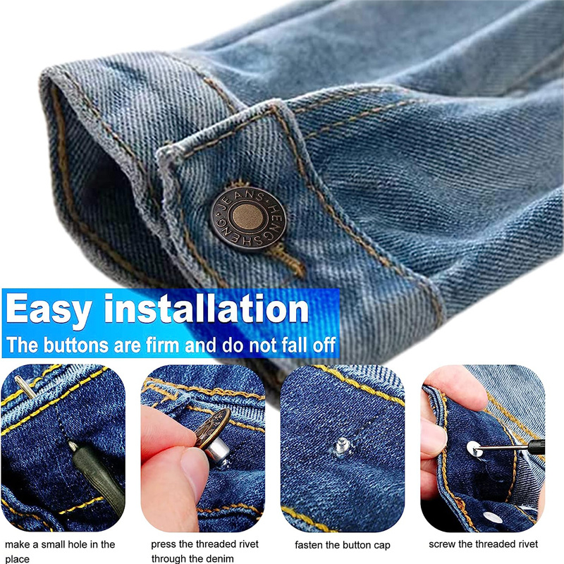 12 botones para coser jeans de metal, 0.669 in, sin clavos, extraíbles, de  metal, sin coser, de repuesto, para reparación de remaches y