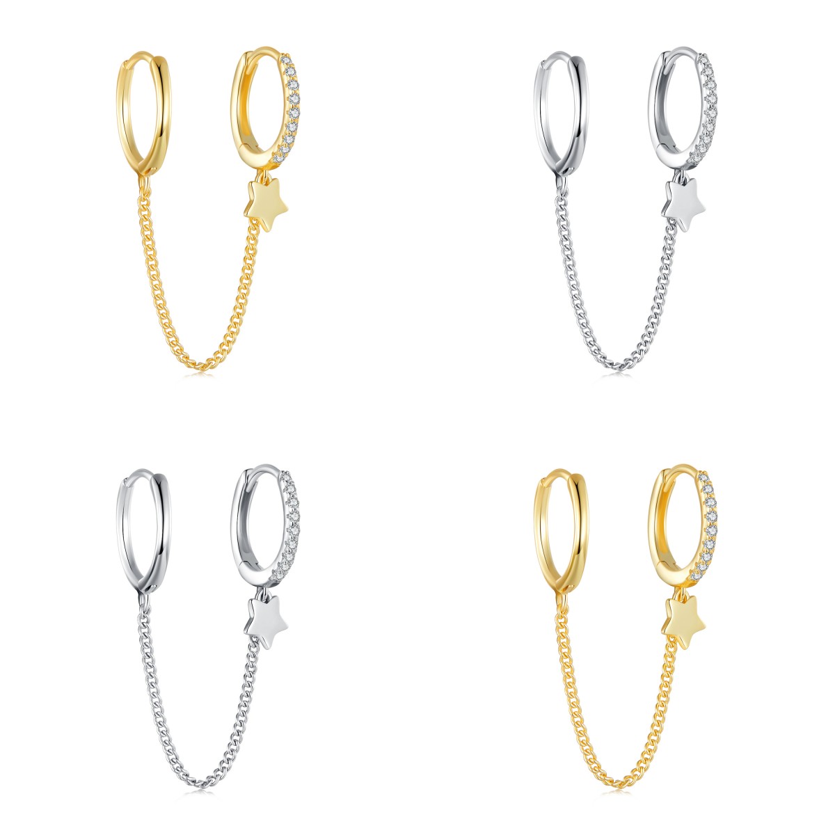 PANPOKI 925 Silver Zircon Star Pentagram Chain Earrings Studs