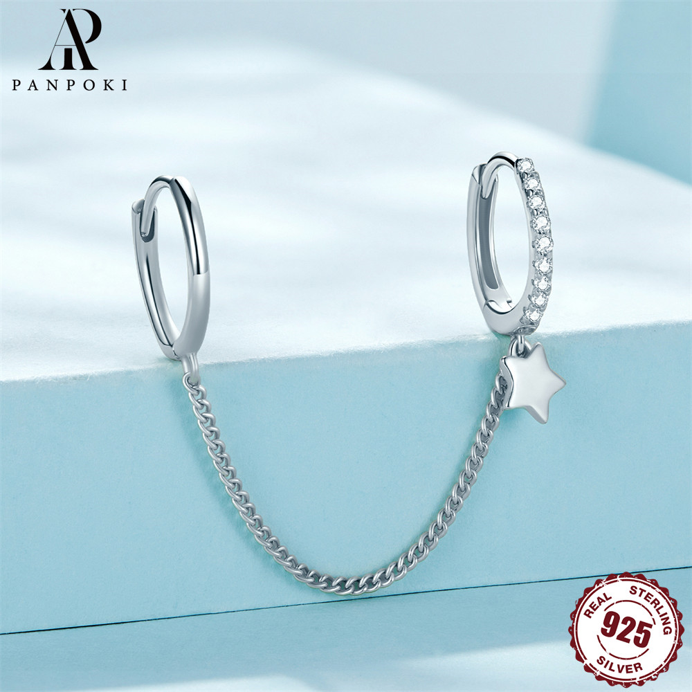 PANPOKI 925 Silver Zircon Star Pentagram Chain Earrings Studs