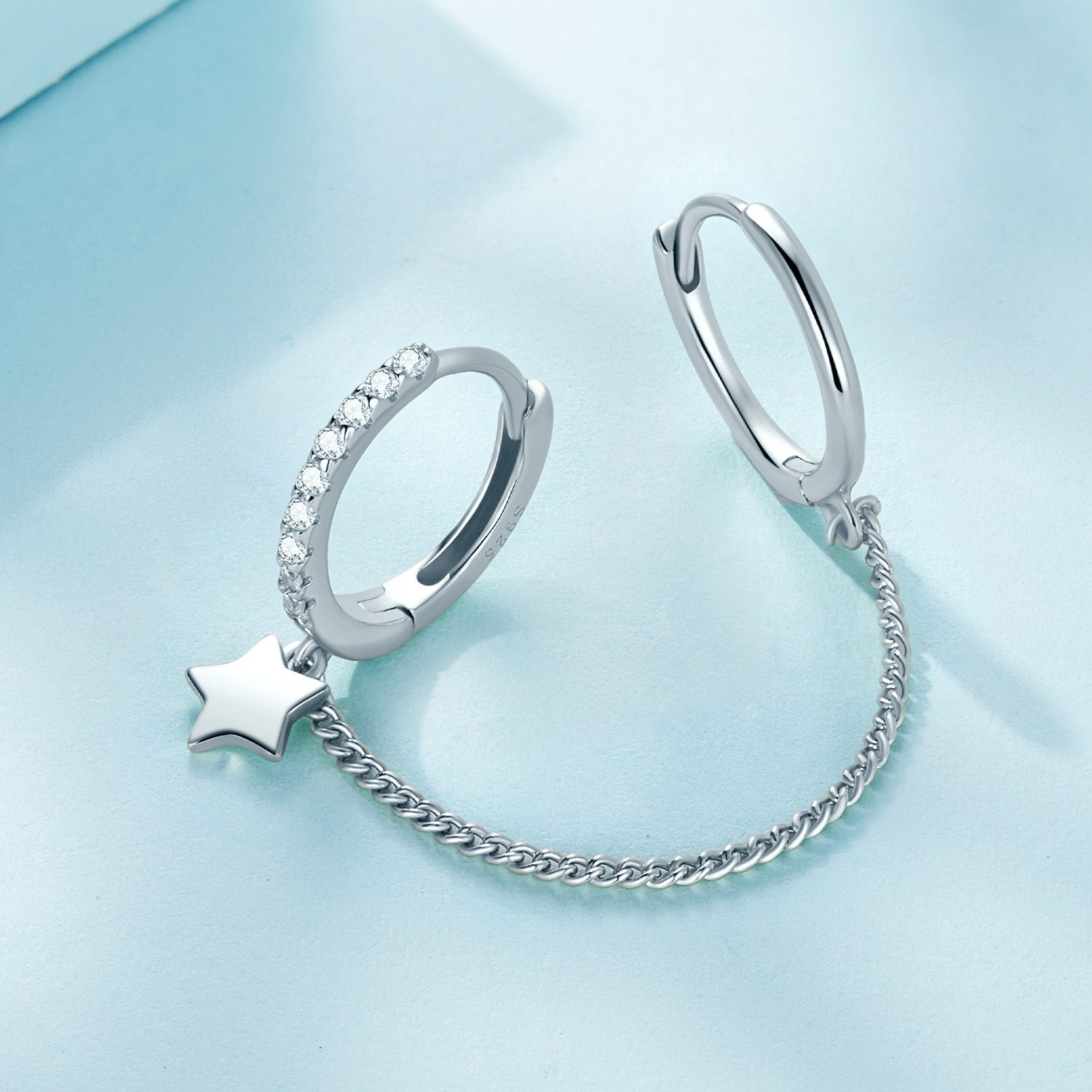 PANPOKI 925 Silver Zircon Star Pentagram Chain Earrings Studs