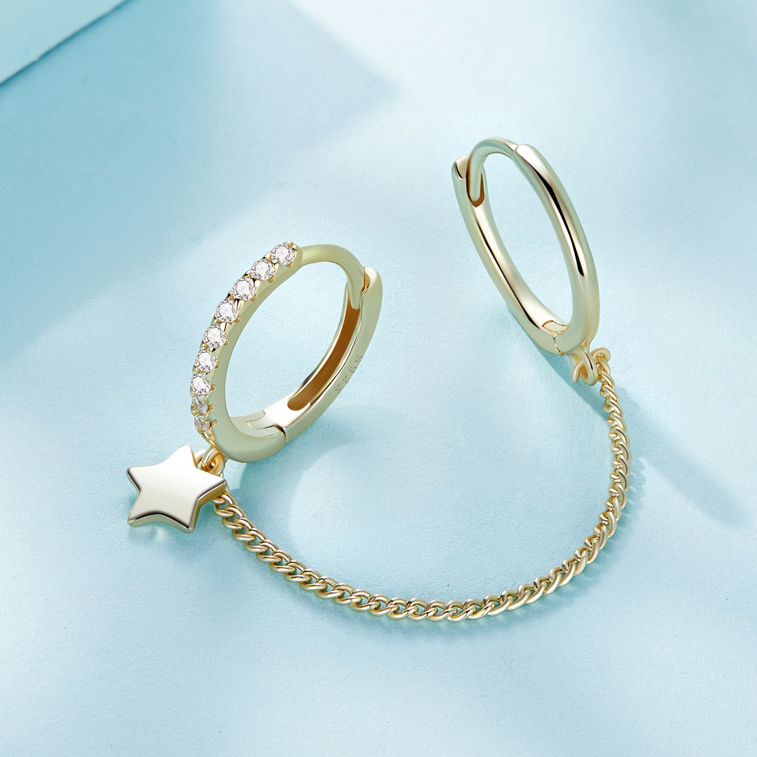 PANPOKI 925 Silver Zircon Star Pentagram Chain Earrings Studs