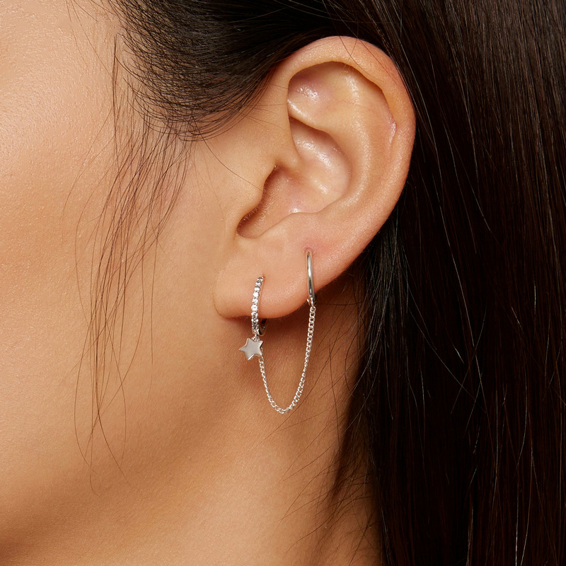 PANPOKI 925 Silver Zircon Star Pentagram Chain Earrings Studs