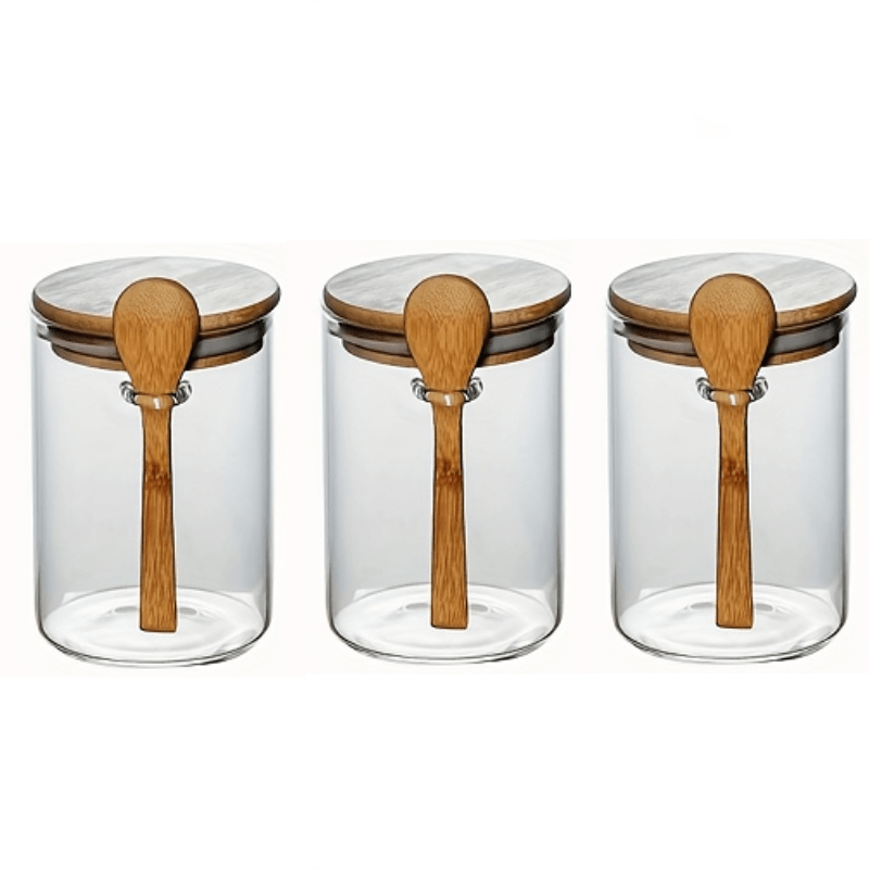 1pc/2pcs/3pcs Round Glass Airtight Jars With Wooden Spoon, Food Storage Jars, Kitchen Household Tea Jars, Decorative & Durable Borosilicate Glass Cani