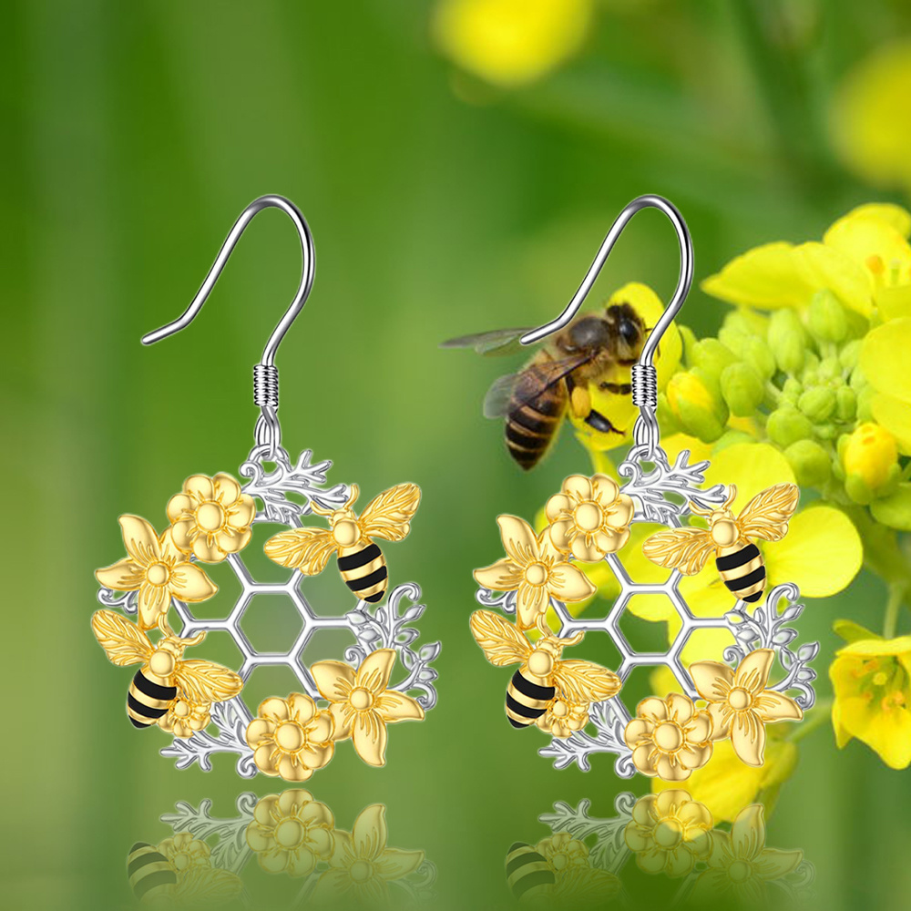 1pair fashion bee flower honeycomb earrings for girls cute birthday christmas gift details 1