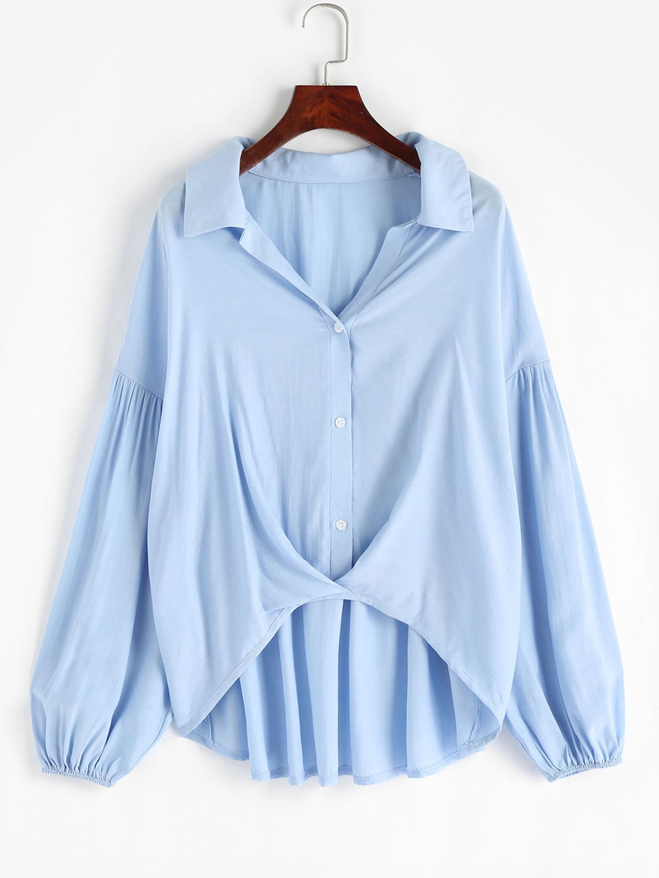 Women's Solid Color Lantern Sleeve Button Down Triangle Collared Tops,  Elegant Shirts For Work, Women's Clothing