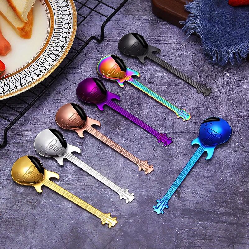 Stainless Steel Creative Guitar Bass Shaped Spoon Coffee Tea Stirring Spoon  Teaspoon Bar Dessert Gift Spoons Flatware Drinking Tools From Home_goods,  $1.65