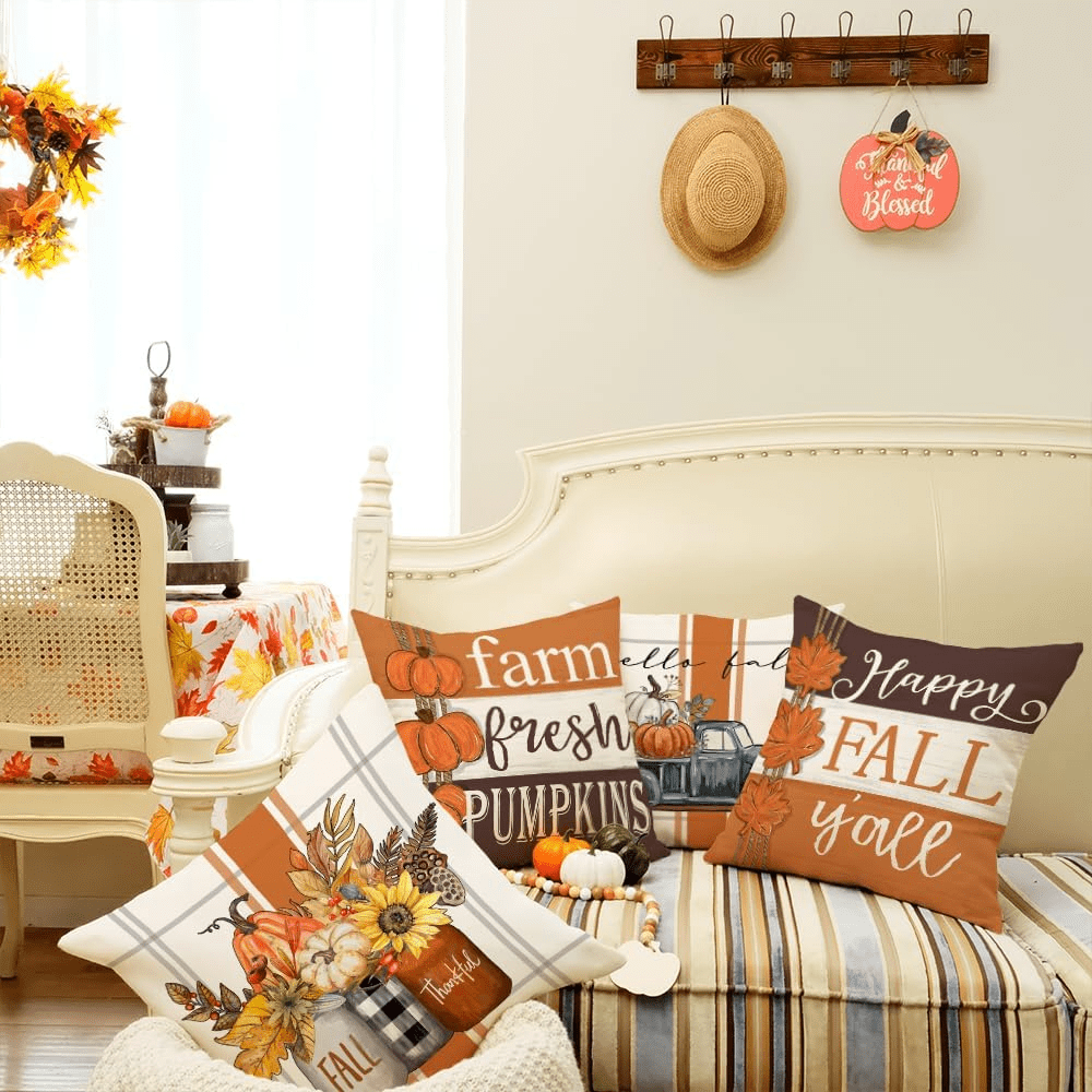 GEEORY Fall Decor Pillow Covers 18x18 Set of 4 Hello Pumpkin Orange Stripes  Fall Outdoor Stripes Fall Pillows Decorative Throw Pillows Farmhouse