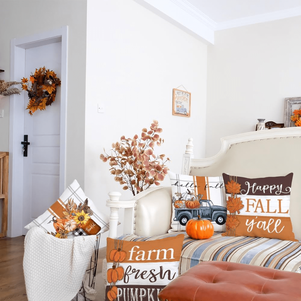 GEEORY Fall Decor Pillow Covers 18x18 Set of 4 Hello Pumpkin Orange Stripes  Fall Outdoor Stripes Fall Pillows Decorative Throw Pillows Farmhouse