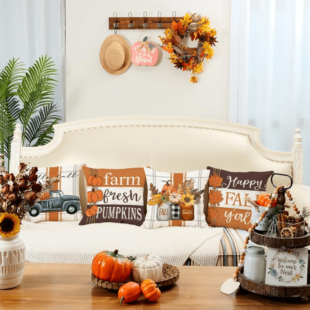 Set of 4 Fall Pillow Covers 18x18 Inch Thanksgiving Throw 18*18 inch Y-fall  09