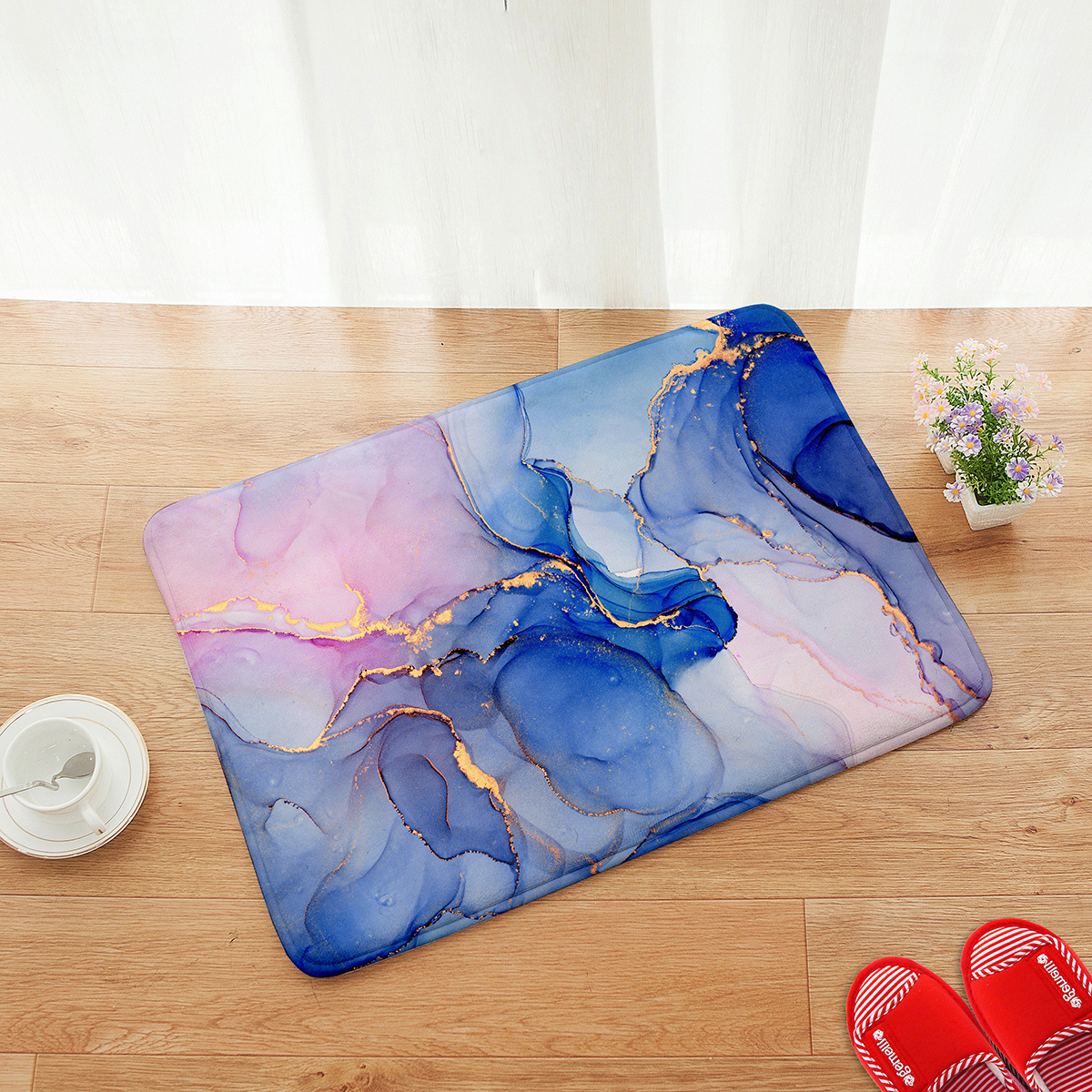 1pc Blue Marble Printed Polyester Non-slip Kitchen Floor Mat