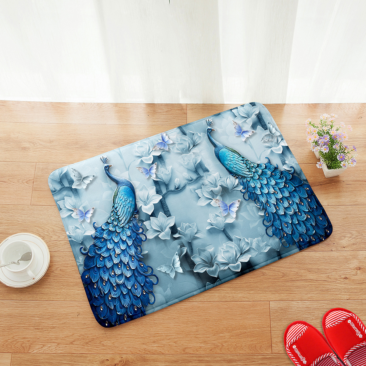 Blue Peacock Printing Floor Mat Living Room Home Bedroom - Temu