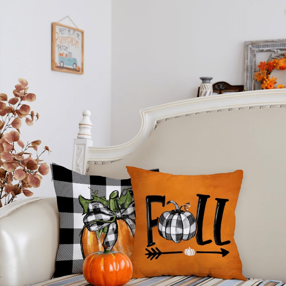 Decorative Fall Thanksgiving Throw Pillow Cover Plaid & Quote Set of 4 - Multi-Color