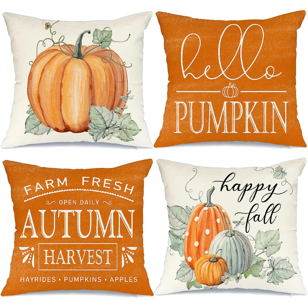 Decorx 18 inch x 18 inch Decorative Fall Pillow Covers Set of 4 Farmhouse Pumpkin Truck Sunflowers Orange Decorative Throw Pillow Cover Cushions for