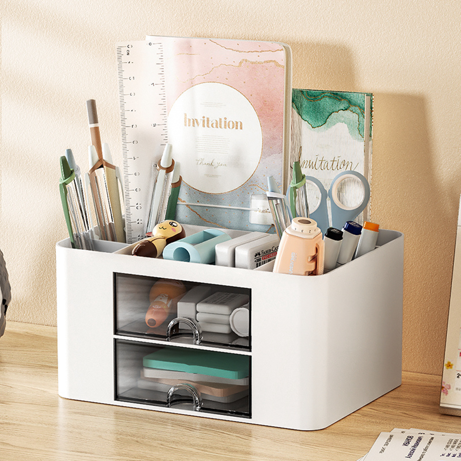 Desktop Storage Organizer, Pen Pencil Card Holder Box Container For Desk,  Office Supplies, Vanity Table (White), Make Your Life More Organized
