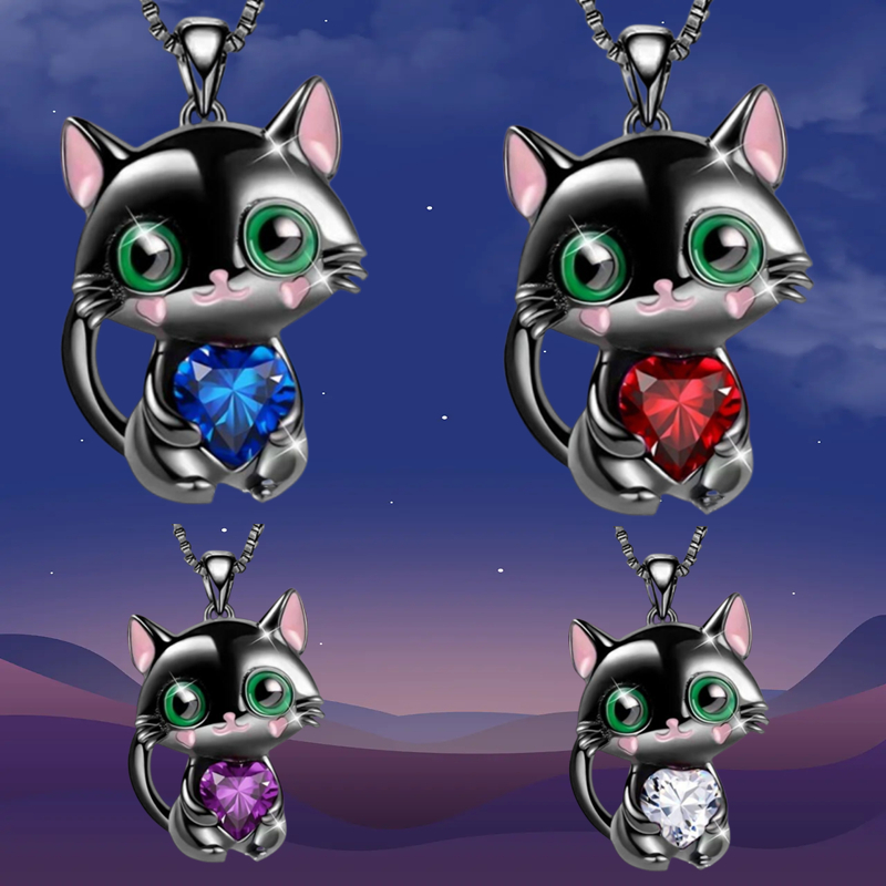 Adorable Kitten Hugging Heart Pendant Necklace