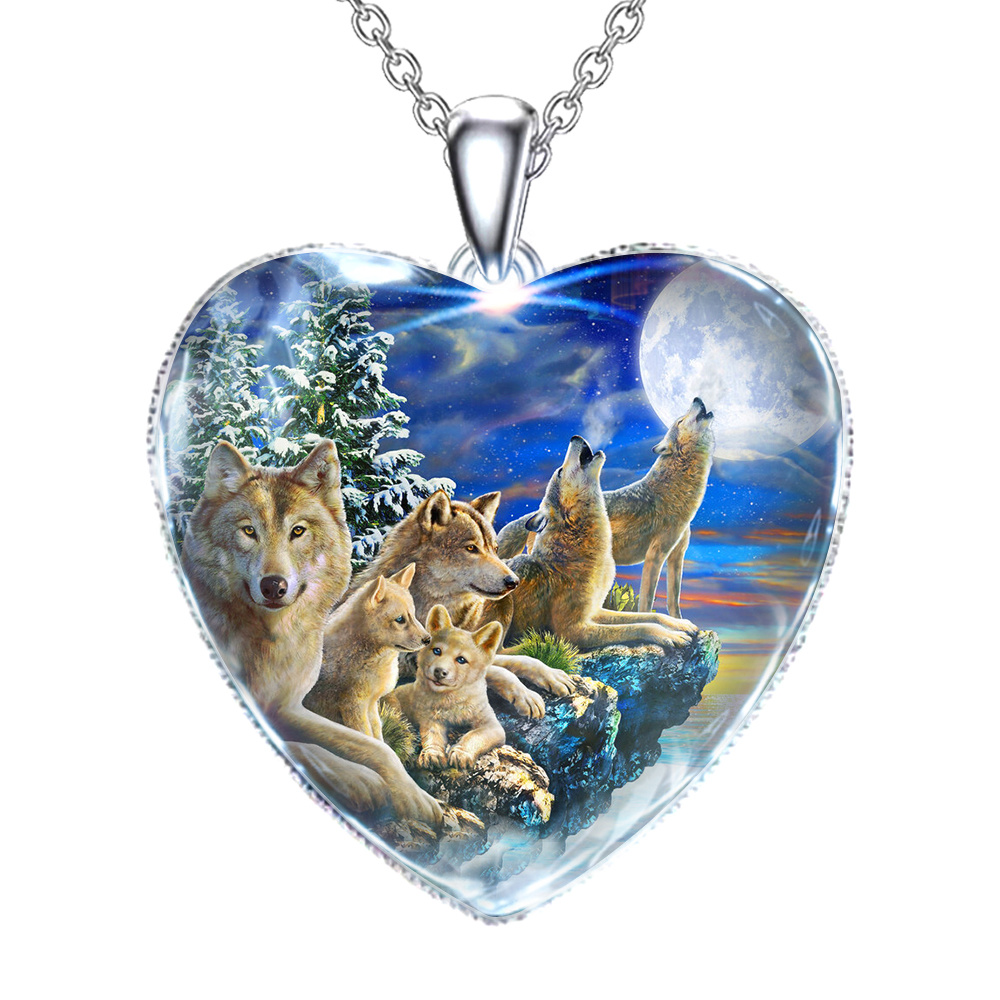 gray wolves howling animal totem heart shape pendant necklace cool wolf jewelry gift for boys 4